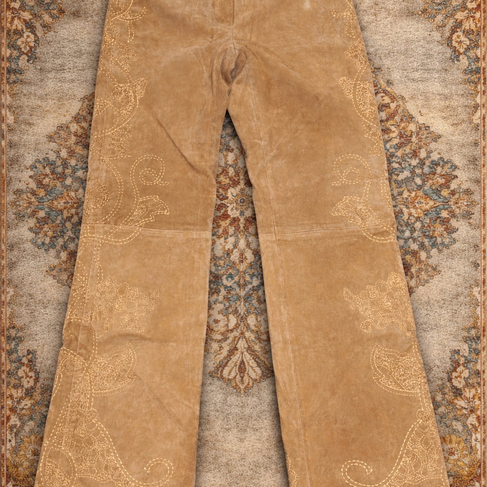 Luxury Italian Suede Leather Pants Tan Embroidered Boho Silk Lined Sz 29 X 28